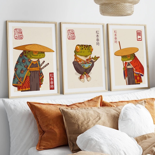 Japanese Set Of 3, Frog Wall Art, Matsumoto Hoji Print, Japanese Wall Art, Japan Art, Frog Art Poster, Digital Download