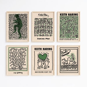 Set of 6 Prints, Keith Haring Print, 6 Piece Wall Art, Sage Green Print Set, Gallery Wall Set, Keith Haring Poster, Exhibition Poster Set
