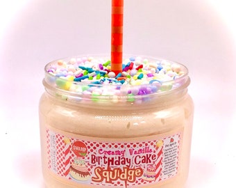 Birthday Cake Squidge Slime - Smooth creamy slime with foam beads - Scented, Buttercream Fragrance with Candle