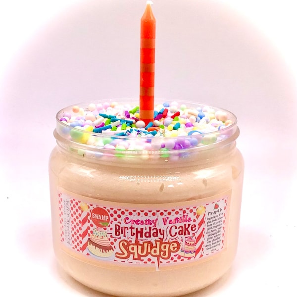 Birthday Cake Squidge Slime - Smooth creamy slime with foam beads - Scented, Buttercream Fragrance with Candle