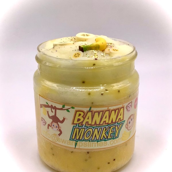 Cloud Cream Hybrid - BANANA MONKEY - Thick Glossy with Banana Cloud Cream Slime, comes with toy monkey! Includes banana charms