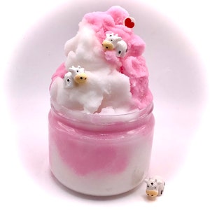 Pink and White Cow Slime - Fluffy cloud slime scented with lemon drops and jelly beans - Gifts for kids