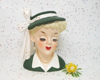 Vintage NAPCO Lady Head Vase Planter Japan Ceramic Green Hat C26338 Faux Pearl *as is* Mid Century, AtomicShackToo