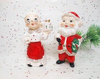 Vintage COMMODORE Christmas Santa Mrs Claus Candle Holder Set Japan Spaghetti Ceramic Candleholder Mid Century, AtomicShackToo