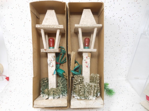 Vintage Christmas Putz Cardboard Mica Village Light Lamp Post LOT 2 Set Pair Electric JAPAN Holiday Decor Mid Century *As Is* AtomicShackToo