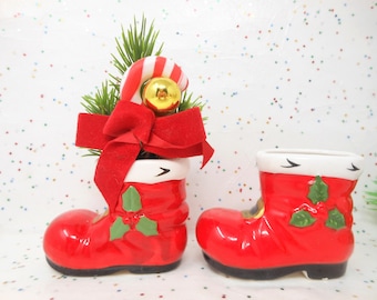Vintage LEFTON Christmas Japan Ceramic Santa Boot Candy Cane Arrangement LOT 2 Mid Century, AtomicShackToo