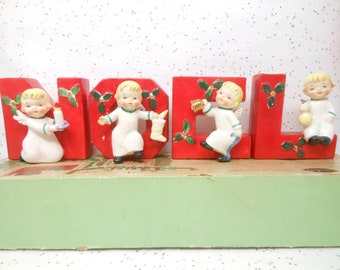 Vintage NAPCO Christmas Quartet NOEL Planter Ceramic Japan Vase Candy Cane Candle Holder 1956 Angel Girl I0B Mid Century FLAW AtomicShackToo