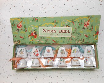 Vintage Christmas Tree Ornament Bell Set 12 Japan Mid Century Miniature Bone China Porcelain Original Box, AtomicShackToo
