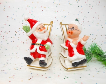Vintage LEFTON Christmas Santa Mrs Rocker Salt Pepper Shaker Set Japan Ceramic Kitschmas Mid Century  AtomicShackToo