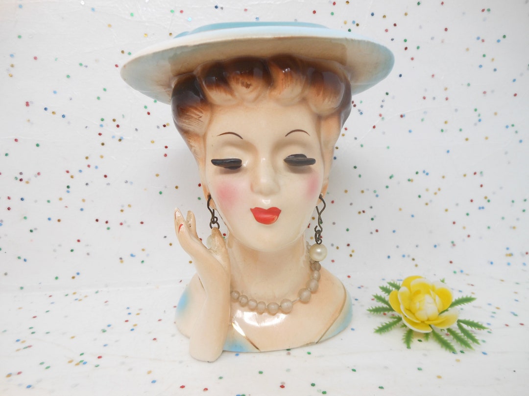 Vintage Lady Head Vase Planter JAPAN Ceramic Blue Hat Earrings Hand as
