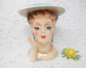 Vintage Lady Head Vase Planter JAPAN Ceramic Blue Hat Earrings Hand *as is* Mid Century, AtomicShackToo
