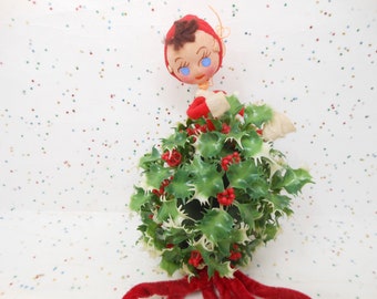 Vintage NAPCO Elf Kissing Mistletoe Ball Felt Pixie Stockinette Plastic Holly Japan Mid Century Kitschmas Christmas Kitsch, AtomicShackToo