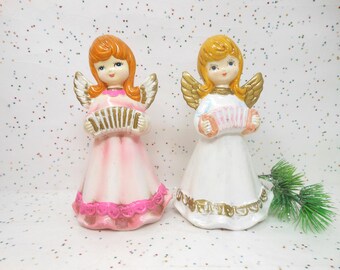 Vintage Christmas Angel Set 60s Decor Japan Pink White Girl Paper Mache Mantel Mod LOT 2 Kitsch Mid Century, AtomicShackToo
