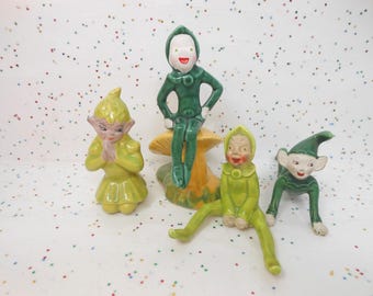 Vintage LOT 4 Green Pixie Elf Yellow Mushroom Christmas Anytime Ceramic JAPAN USA 1940s 50s Mid Century, AtomicShackToo