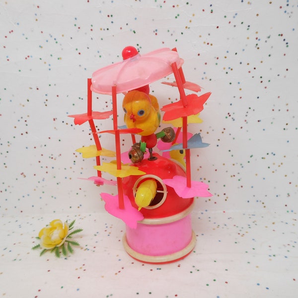 Vintage Easter Celluloid Carousel Mechanical Wind Up Plastic Chick Flower JAPAN MCM Decor Pink Kitsch Toy Mid Century, AtomicShackToo