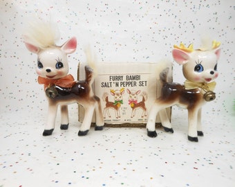 Vintage COMMODORE Reindeer Salt Pepper Set Pair Kitsch Christmas Japan Ceramic Mid Century Anthropomorphic Original Box, AtomicShackToo