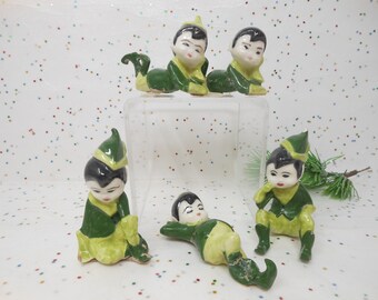 Vintage Christmas Pixie Elf LOT 5 Set Japan USA Ceramic Atomic Imp Sprite Mid Century, AtomicShackToo
