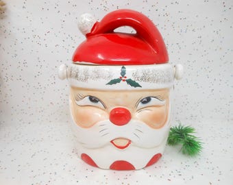 Vintage UCAGCO Santa Cookie Jar Christmas Planter Ceramic Red Japan Mid Century *Old repair FLAWED*, AtomicShackToo