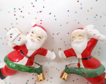 Vintage Santa Claus Candle Climber Hugger Holder Set Japan Ceramic Candleholder Candy Cane Christmas Mid Century, AtomicShackToo