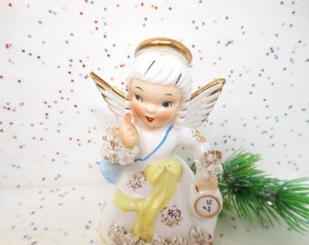 Vintage NAPCO Angel Girl January New Years JAPAN Spaghetti Ceramic Figurine Mid Century *as is*, AtomicShackToo