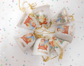 Vintage Christmas Miniature Tree Ornament Santa Bell Bells LOT 7 Japan Porcelain Mid Century, AtomicShackToo