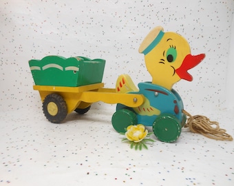 Vintage Easter Duck Nodder Wagon Cart JAPAN Candy Holder Container Pull Toy Painted Wood Anthropomorphic Kitschy Mid Century, AtomicShackToo