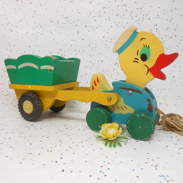 Vintage Easter Duck Nodder Wagon Cart JAPAN Candy Holder Container Pull Toy Painted Wood Anthropomorphic Kitschy Mid Century, AtomicShackToo