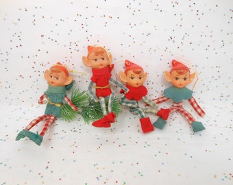 Vintage LOT 4 Pixie Elf Christmas Tree Ornament Japan Gingham Felt Plastic Knee Hugger Doll Kitschy Mid Century, AtomicShackToo