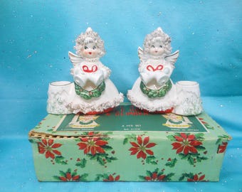 Vintage COMMODORE Christmas Ceramic Spaghetti Angel Candle Holder Girl SET Original Box Pair Japan Mid Century *FLAWS*, AtomicShackToo