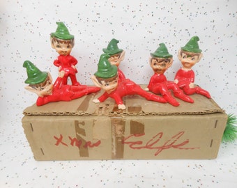 Vintage ARTMARK Pixie Elf Set 6 Christmas Ceramic Japan 40s 50s 1940 1950 Kitschmas Decor Mid Century, AtomicShackToo