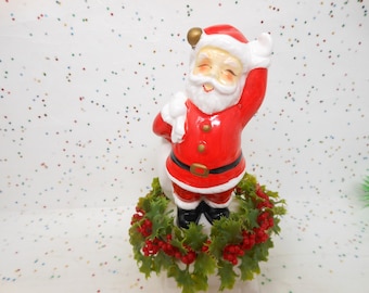 Vintage INARCO Santa Plastic Holly Wreath Japan Christmas Ceramic Figure Chimney Figurine Mid Century, AtomicShackToo