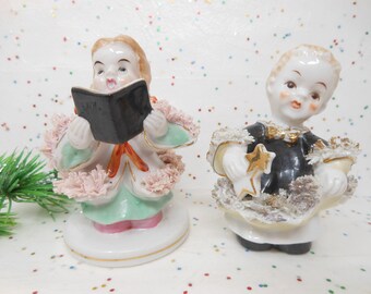 Vintage Japan Christmas Anytime Easter Girl Boy Ceramic Spaghetti Porcelain Caroloer Mid Century Figurine THAMES, AtomicShackToo