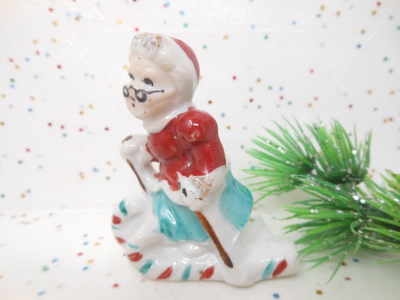 Vintage Mrs Santa Claus Candy Cane Skis Japan Porcelain Ceramic Mid Century, AtomicShackToo