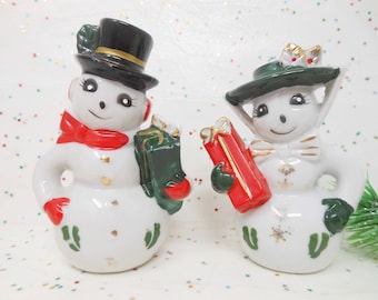 Vintage Snowman Anthropomorphic Japan Salt Pepper Shaker Pair Ceramic Christmas Putz Anytime Mid Century, AtomicShackToo