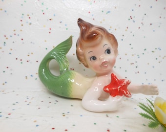 Vintage Mermaid Wall Plaque Japan Ceramic Figural Hanging Art BRADLEY Red Starfish Mid Century, AtomicShackToo