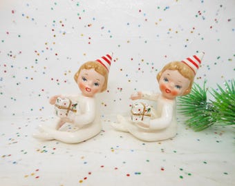 Vintage Christmas Party Girl Babe Candle Holder Set Japan Ceramic Stripe Pixie Hat Candleholder New Years Eve Mid Century, AtomicShackToo