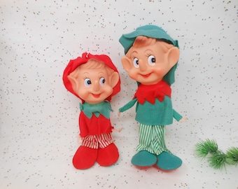 Vintage Large Pixie Elf Christmas Tree Ornament Japan Large Felt Plastic Big Nose Doll Kitschy Pair Set Mid Century, AtomicShackToo