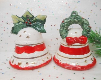 Vintage Christmas Bell DANSAN Originals Salt Pepper Shaker Set Japan Ceramic Wreath Holly Mid Century, AtomicShackToo