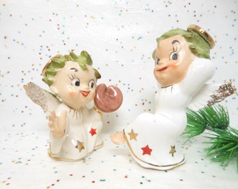 Vintage WALES Angel Baseball Japan Ceramic Pitcher Catcher Pair LOT 2 Easter Christmas Mid Century *As Is*,  AtomicShackToo