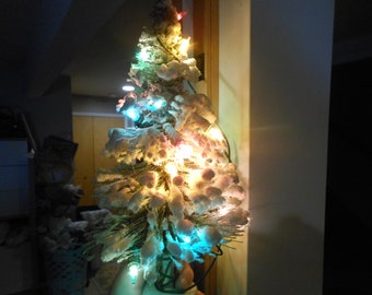 Vintage ST NICK Christmas Bottle Brush Table Top Tree Light Up Electric Cotton Flocked Mica Snow Mid Century *As Is*, AtomicShackToo