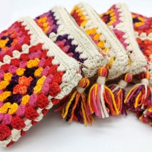 Hand-crocheted granny square pencil case in pure merino wool