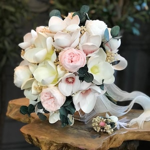 Preserved Pink Peony & Artificial Magnolia Arrangement Wedding Bouquet