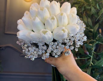 Tulip with Crystal Diamante Bridal Bouquet: Bling Rhinestone Artificial Flowers