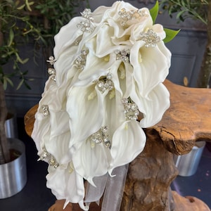 Calla Lilies Crystal Diamante Bride Bouquet, Real Touch Big Calla Lilies Wedding Bouquet, Bridal Bouquet, Wedding Flowers,Artificial flowers