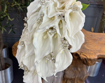 Calla Lilies Crystal Diamante Bride Bouquet, Real Touch Big Calla Lilies Wedding Bouquet, Bridal Bouquet, Wedding Flowers,Artificial flowers