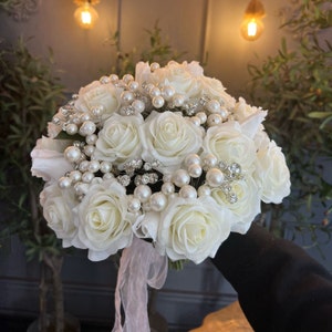 Rose Crystal Diamante Pearl Bride Bouquet, Wedding Bouquet, Bridal Bouquet, Bride Bouquet, Bridesmaid Bouquets, Artificial flowers