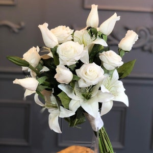 Real Touch Roses and Lilies Wedding Bouquet, Bridal Bouquet, Wedding Flowers, Bridesmaid Bouquets, Artificial flowers