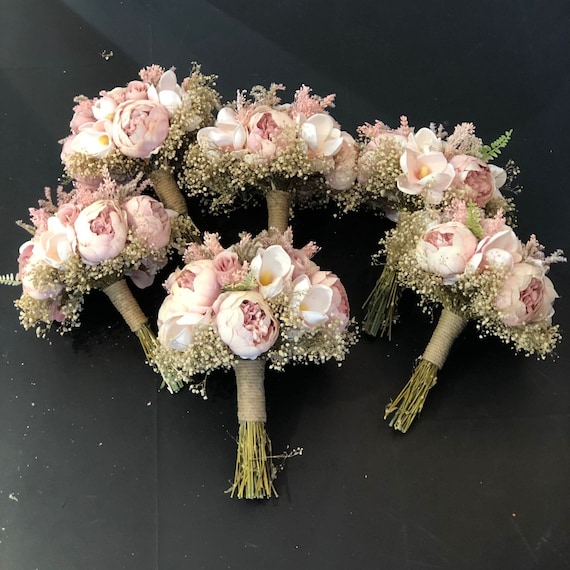 Bouquet da sposa primaverile artificiale color pesca bianco, rose finte al tatto, eucalipto, gigli, bouquet da sposa con fiori finti, centrotavola, floreale - Italia