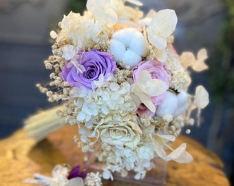 Ramo de novia con arreglo de rosas secas preservadas: flores de novia naturales