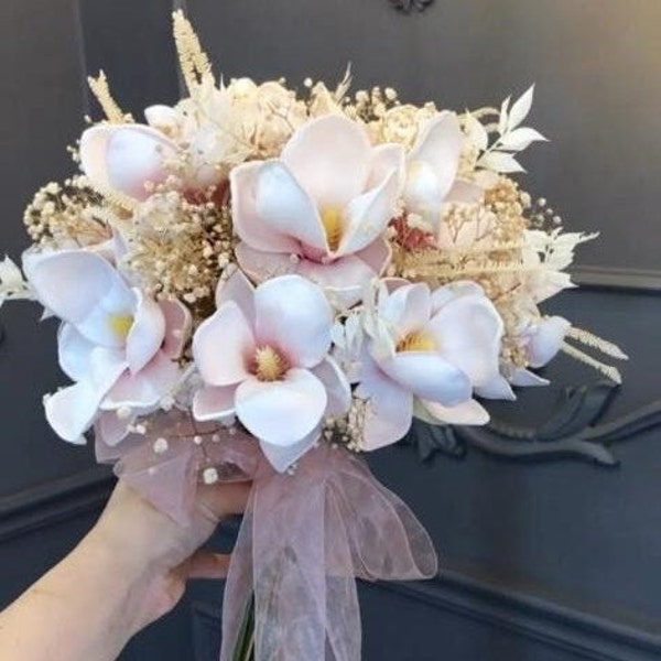 Pink Magnolia Wedding Bouquet, Bridal Bouquet, Bride Bouquet, Bride Flower, Wedding Flowers, Bridesmaid Bouquets, Artificial flowers